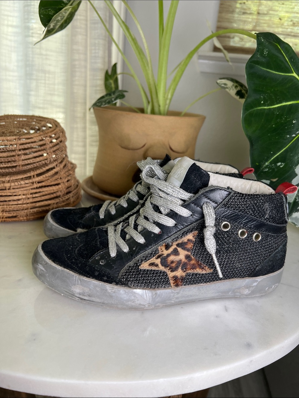 Golden Goose Black High-Top Sneakers with Leopard Star Accent